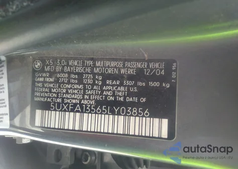 2005 BMW X5 3.0I from USA, damaged, VIN 5UXFA13565LY03856
